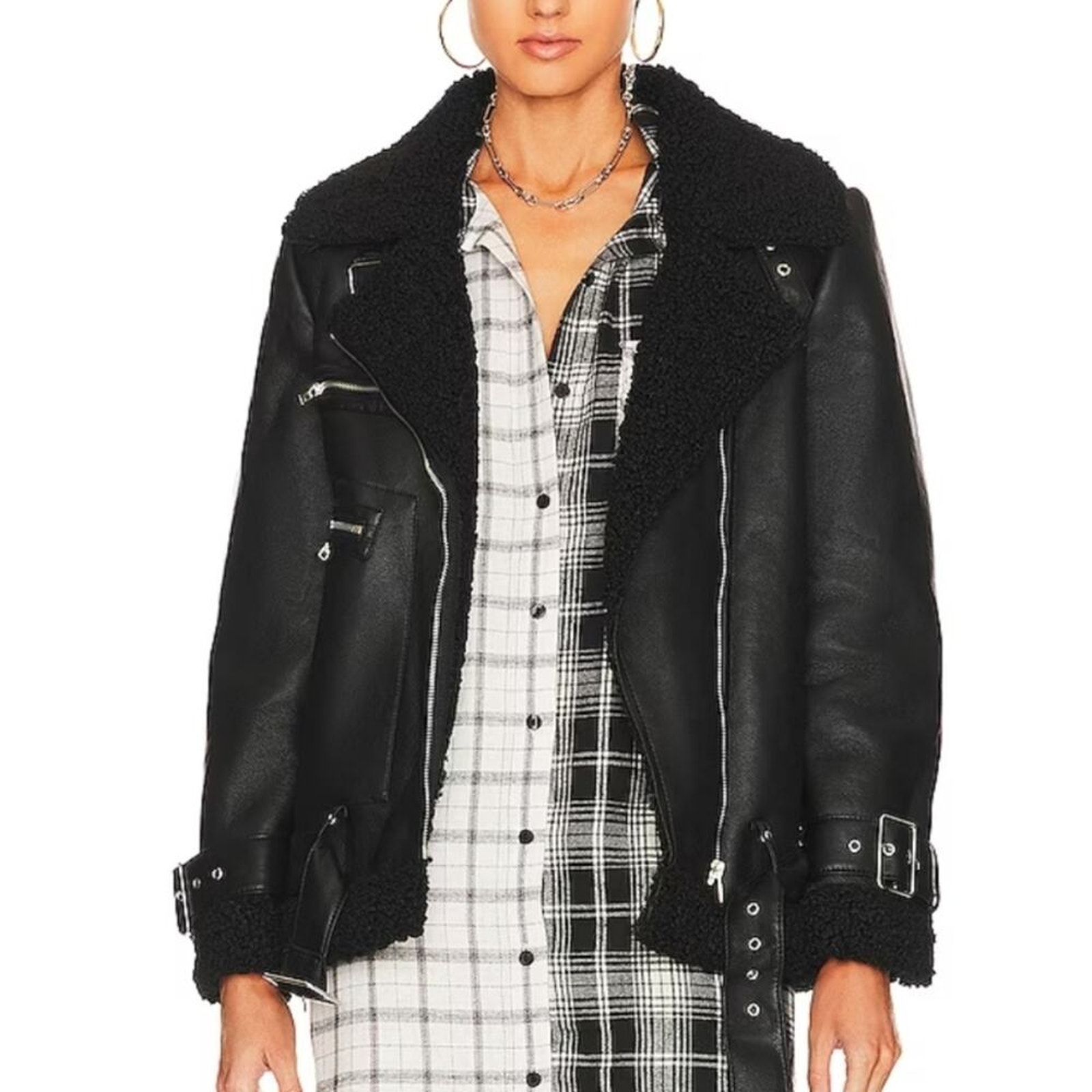Revolve X Steve Madden Quinn Black Faux Suede Shearling Buckled Biker Jacket S